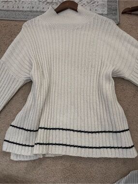 White Ribbed Mock Neck Sweater with Black Stripe